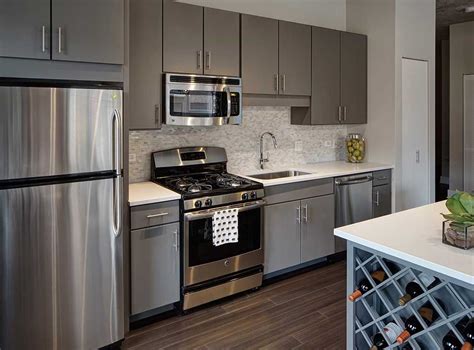 grey cabinets with stainless steel appliances|kitchen with gray cabinets.